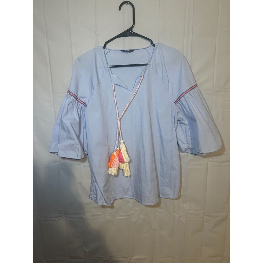 Vadim Blue Tassel Blouse XL Boho Peasant Top Embroidered Trim Bell Sleeve